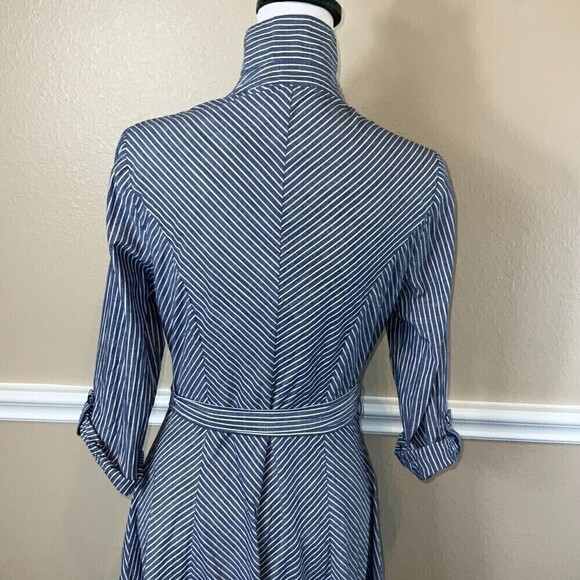 Parallel Skies Blue White Dress S Pinstripe Asymmetrical Midi Nautical Coastal - Picture 8 of 12
